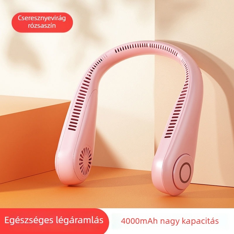 Pengé nélküli nyakba tehető ventilátor, halk, USB mini hordozható, 3 sebesség, beépített 2000–4000 mAh akkumulátor, üzemidő 3–6 óra