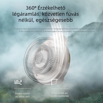 Pengétlen viselhető ventilátor nyakra és derékra, 360° forgás, USB-s tápegység, 3 sebesség, beépített 800–1000 mAh akkumulátor, üzemidő 1–3 óra