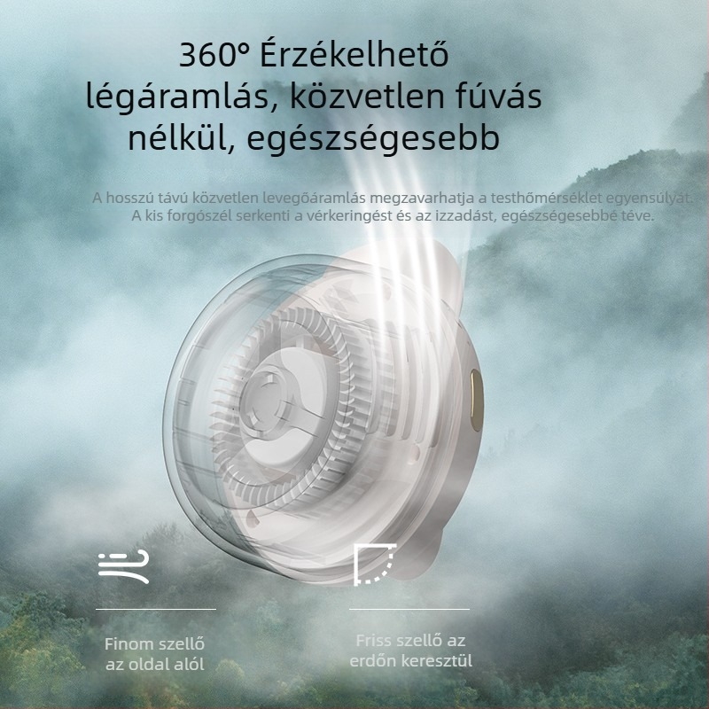 Pengétlen viselhető ventilátor nyakra és derékra, 360° forgás, USB-s tápegység, 3 sebesség, beépített 800–1000 mAh akkumulátor, üzemidő 1–3 óra