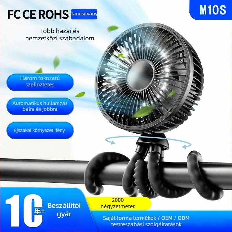 Lapát nélküli polip alakú klipszes ventilátor, USB-ról tölthető, beépített 2000–4000 mAh akkumulátor, 3 sebesség, éjszakai fény, babakocsira és kerékpárra