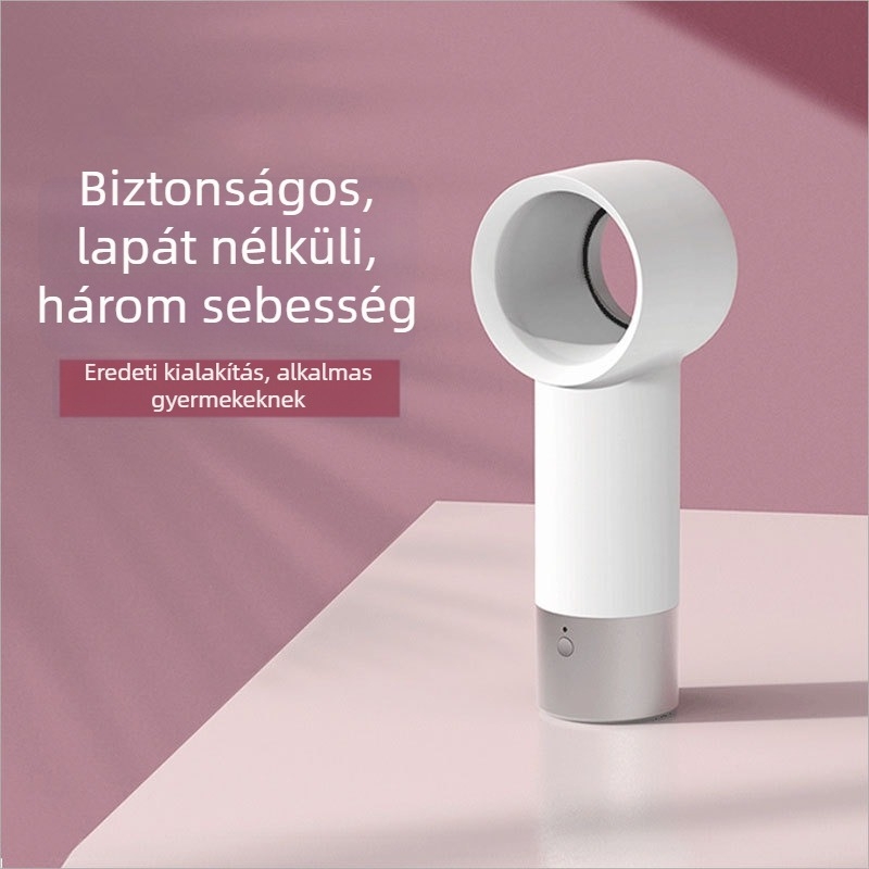Pengétlen kézi ventilátor, USB üzemmód, 5V, 3W, zaj < 36 dB, 3 fokozat, beépített 800–1000 mAh akkumulátor, üzemidő 1–3 óra, kompakt asztali ventilátor