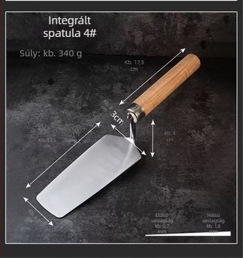 Rozsdamentes acél téglázó glettvas ívelt formával és integrált tálcával, glett kés, diamant csatlakozás