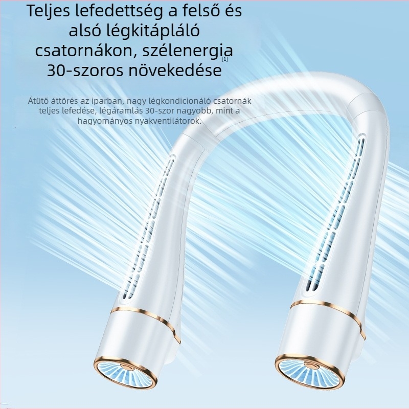 Nyakba akasztható ventilátor lapátok nélkül, motorral brushless, USB táplálás, 3 sebesség, beépített 300–500 mAh akkumulátor