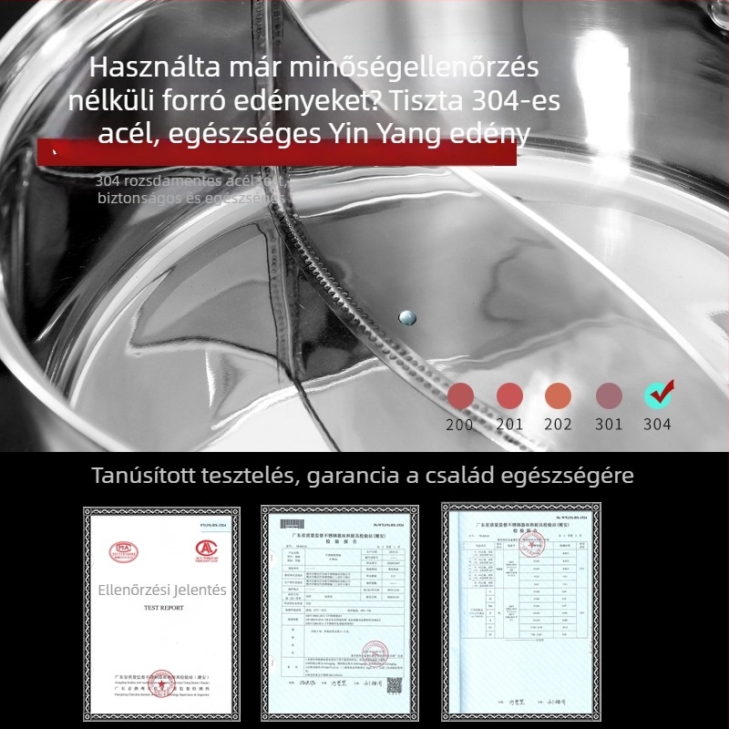 Mandarin kacsa rozsdamentes acélból készült hot pot, kettős kamrás kialakítás, 4.1-6 L kapacitás, összetett alj, fedél üvegszálas, általános tűzhelyekhez, márka Zhenmingtang