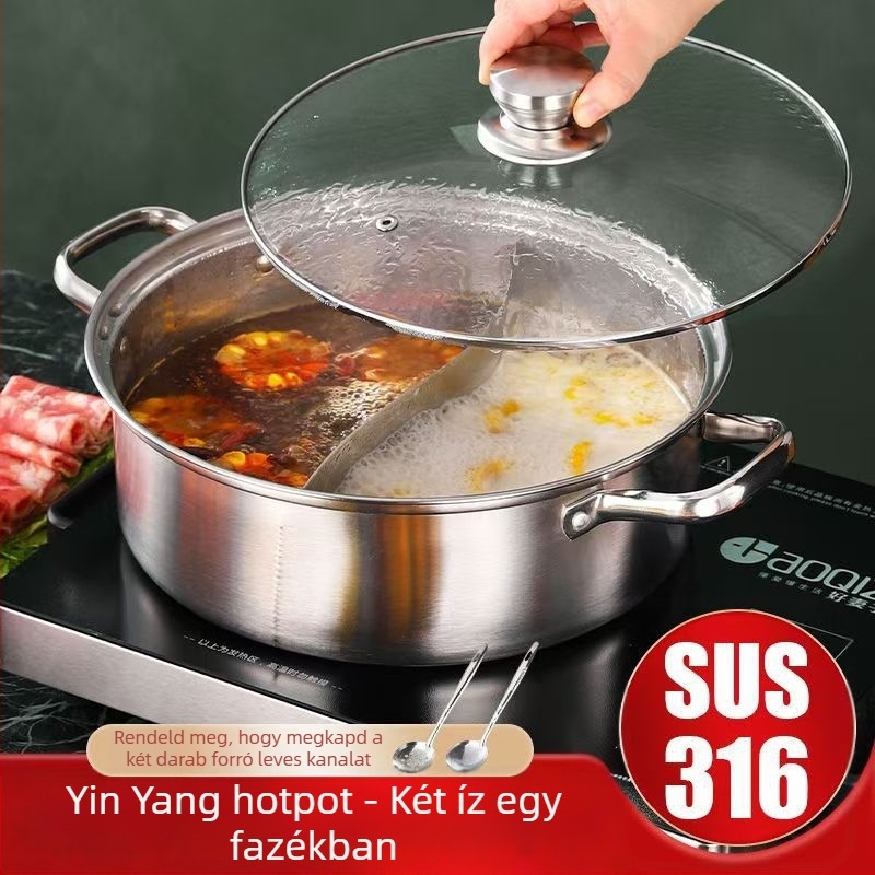 Mandarin kacsa rozsdamentes acélból készült hot pot, kettős kamrás kialakítás, 4.1-6 L kapacitás, összetett alj, fedél üvegszálas, általános tűzhelyekhez, márka Zhenmingtang