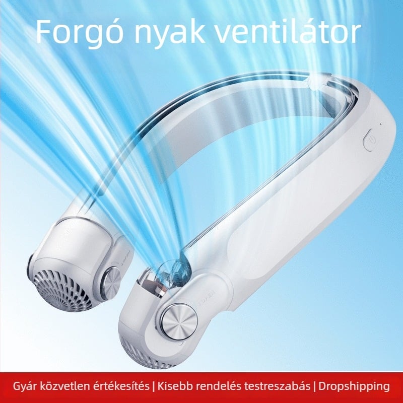 Nyakba akasztható ventilátor blade nélkül, beépített akkumulátorral 2000–4000 mAh, USB-tápellátás, 3 sebesség, brushless motor, kihúzható forgó levegőcsatorna