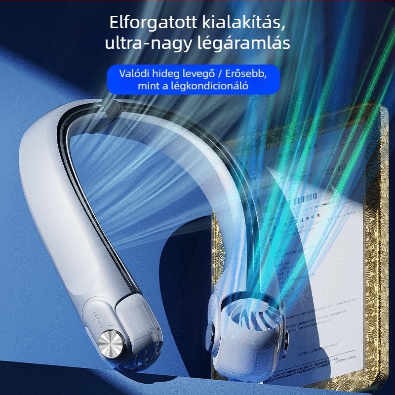 Nyakba akasztható ventilátor blade nélkül, beépített akkumulátorral 2000–4000 mAh, USB-tápellátás, 3 sebesség, brushless motor, kihúzható forgó levegőcsatorna