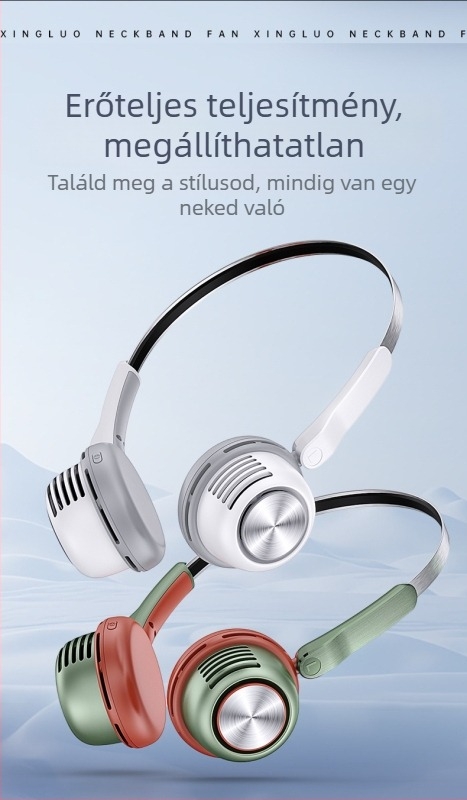 Nyakba akasztható, lapát nélküli ventilátor, USB töltés, 5V, 3,2W, 5 sebesség, beépített 1200–2000 mAh akkumulátor