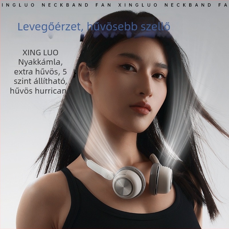 Nyakba akasztható, lapát nélküli ventilátor, USB töltés, 5V, 3,2W, 5 sebesség, beépített 1200–2000 mAh akkumulátor
