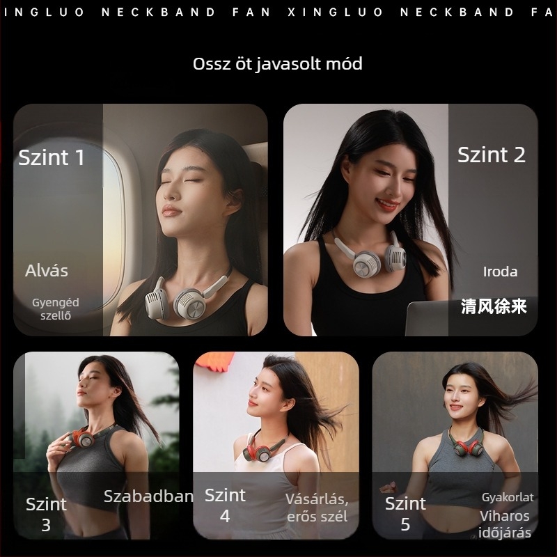 Nyakba akasztható, lapát nélküli ventilátor, USB töltés, 5V, 3,2W, 5 sebesség, beépített 1200–2000 mAh akkumulátor