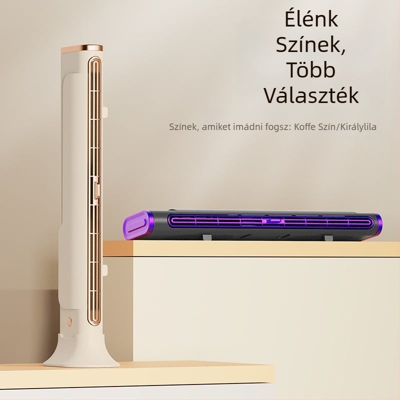 Pengé nélküli USB toronyventilátor falra akasztható vagy asztali kivitelben, beépített 1000–1200 mAh akkumulátor, 3 sebesség, csendes működés
