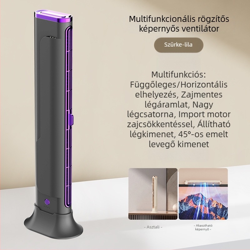 Pengé nélküli USB toronyventilátor falra akasztható vagy asztali kivitelben, beépített 1000–1200 mAh akkumulátor, 3 sebesség, csendes működés