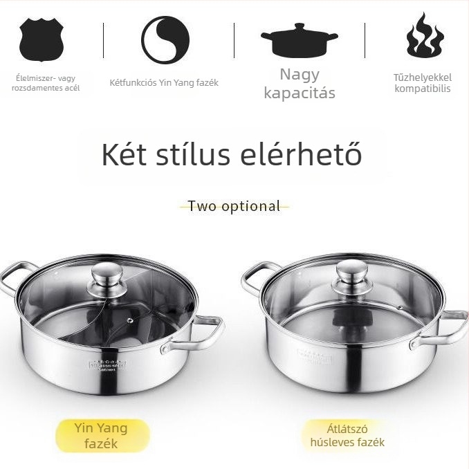 Yin-Yang fazék, 304-es rozsdamentes acélból, tapadásmentes felülettel, indukciós főzőlaphoz, fedővel, kapacitás 2,1–4 L
