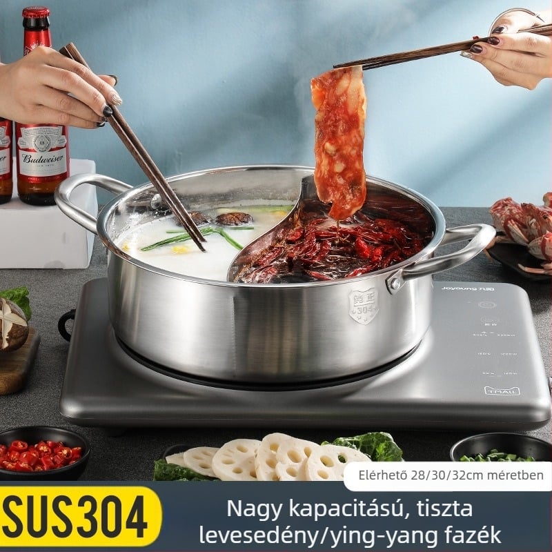 304 rozsdamentes acél Shabu fazék, kettős kamrás, vastag test, bevonat nélküli, átlátszó fedő, nagy kapacitás 4.1–6 L és 2.1–4 L