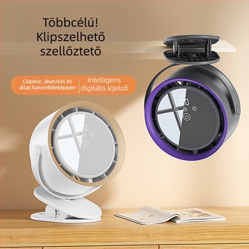 Csipeszes asztali ventilátor érintéses vezérléssel, beépített Li-ion akkumulátor (2000–4000 mAh), szénkefe nélküli motor, 5 sebesség, digitális kijelző