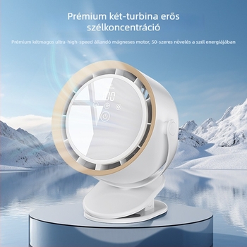 Csipeszes asztali ventilátor érintéses vezérléssel, beépített Li-ion akkumulátor (2000–4000 mAh), szénkefe nélküli motor, 5 sebesség, digitális kijelző