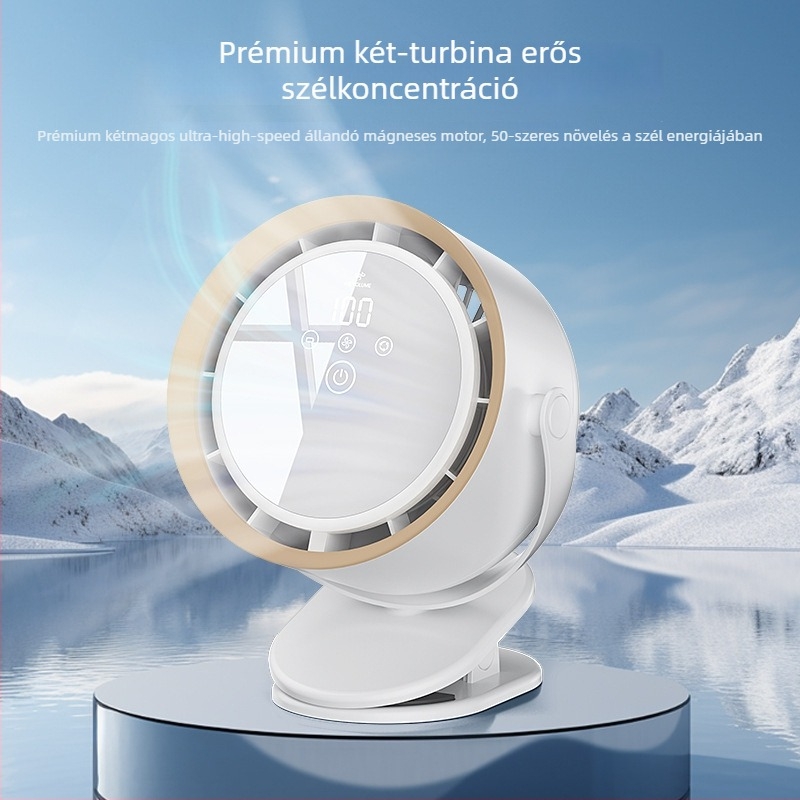 Csipeszes asztali ventilátor érintéses vezérléssel, beépített Li-ion akkumulátor (2000–4000 mAh), szénkefe nélküli motor, 5 sebesség, digitális kijelző