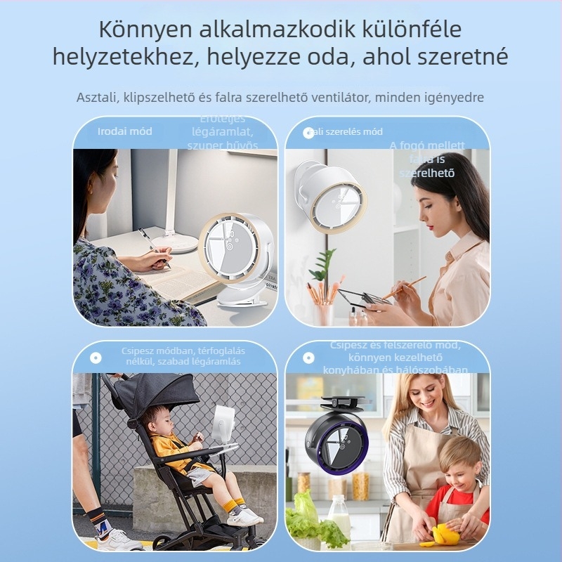 Csipeszes asztali ventilátor érintéses vezérléssel, beépített Li-ion akkumulátor (2000–4000 mAh), szénkefe nélküli motor, 5 sebesség, digitális kijelző