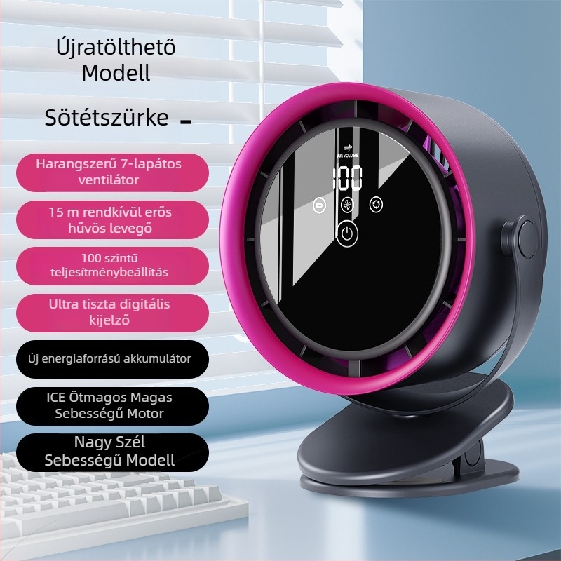 Csipeszes asztali ventilátor érintéses vezérléssel, beépített Li-ion akkumulátor (2000–4000 mAh), szénkefe nélküli motor, 5 sebesség, digitális kijelző