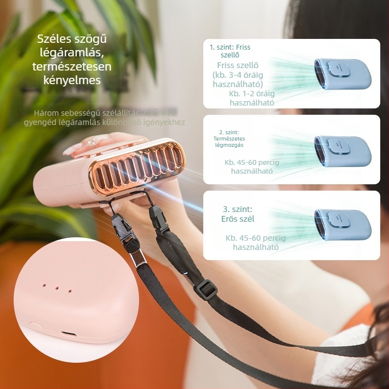 Nyak- és deréktáji penge nélküli ventilátor LED kijelzős, USB töltésű, 3 sebességfokozat, beépített 2000–4000 mAh akkumulátor, hordozható mini ventilátor