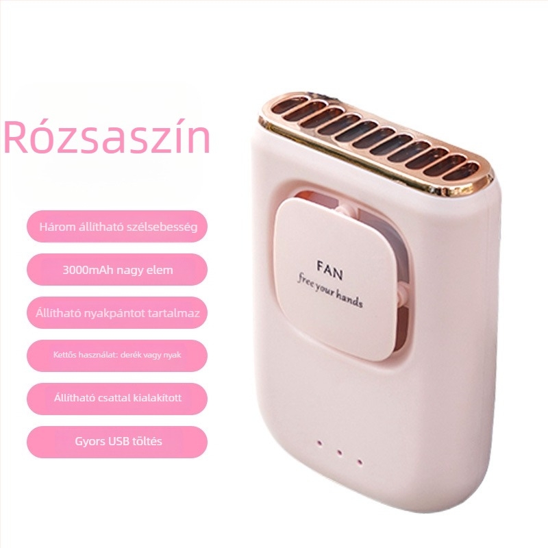 Nyak- és deréktáji penge nélküli ventilátor LED kijelzős, USB töltésű, 3 sebességfokozat, beépített 2000–4000 mAh akkumulátor, hordozható mini ventilátor