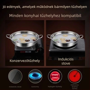 304 rozsdamentes acél shabu edény, vastag falú, két fogantyúval, 2,1–4 L kapacitás, indukciós tűzhelyhez kompatibilis