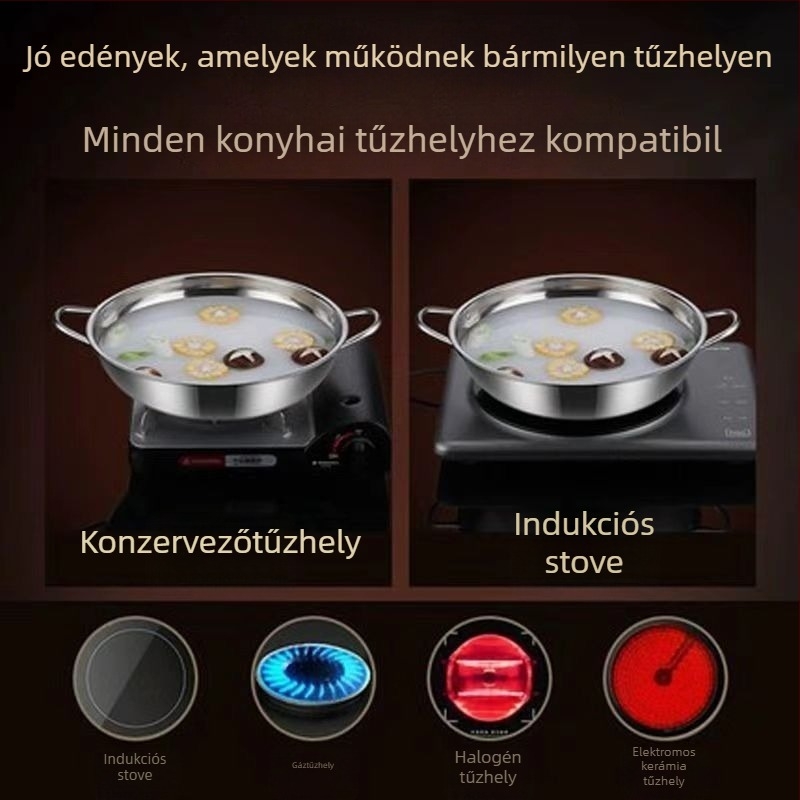 304 rozsdamentes acél shabu edény, vastag falú, két fogantyúval, 2,1–4 L kapacitás, indukciós tűzhelyhez kompatibilis