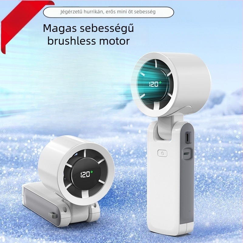 Három az egyben turbó, magas sebességű összecsukható kézi ventilátor kefementes motorral, USB töltéssel, beépített 1000–1200 mAh-s akkumulátorral, 3 sebességfokozat