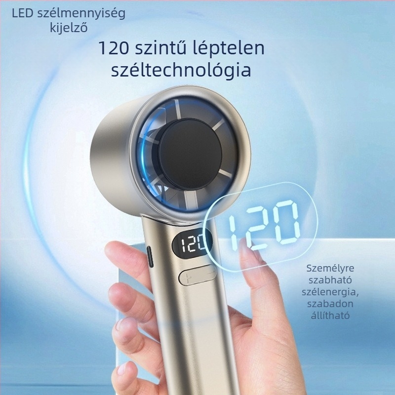 Kézben tartható USB-s bladeless turbina ventilátor, brushless motor, 5 sebesség, beépített 800–1000 mAh akkumulátor