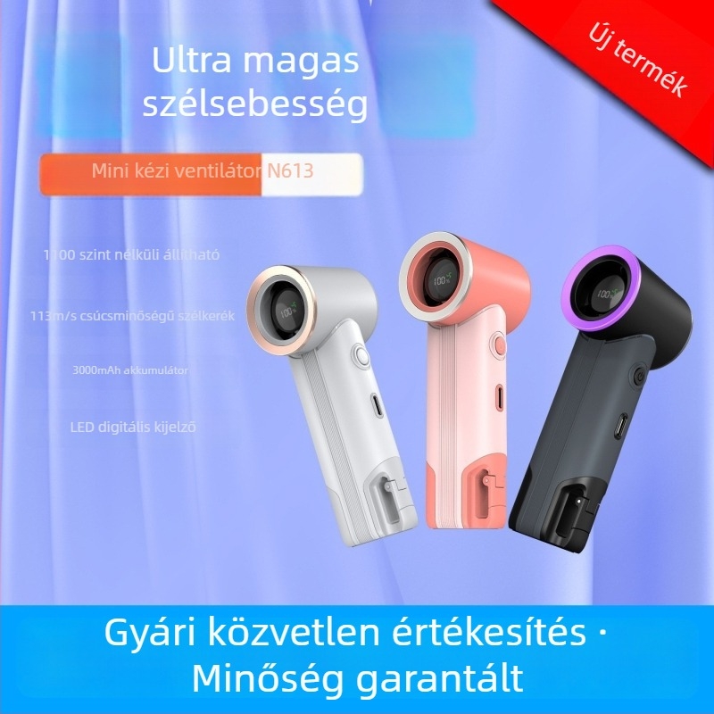 Kézi hordozható mini ventilátor 6+ lapáttal, kefe nélküli motor, beépített 2000-4000mAh akkumulátor USB töltéssel, 5 sebesség, digitális kijelző