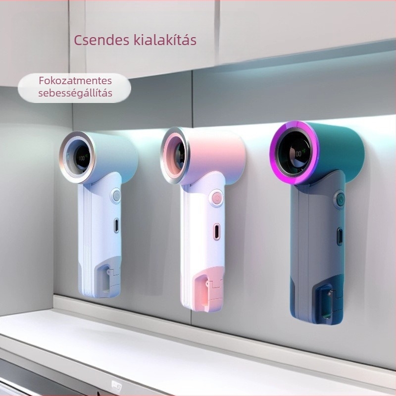 Kézi hordozható mini ventilátor 6+ lapáttal, kefe nélküli motor, beépített 2000-4000mAh akkumulátor USB töltéssel, 5 sebesség, digitális kijelző