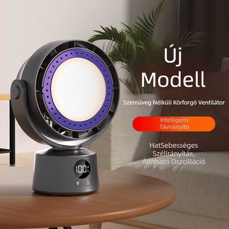 USB-asztali lapát nélküli ventilátor távirányítóval és forgó fejjel, brushless motor, 6 sebesség, beépített 2000–4000 mAh akkumulátor