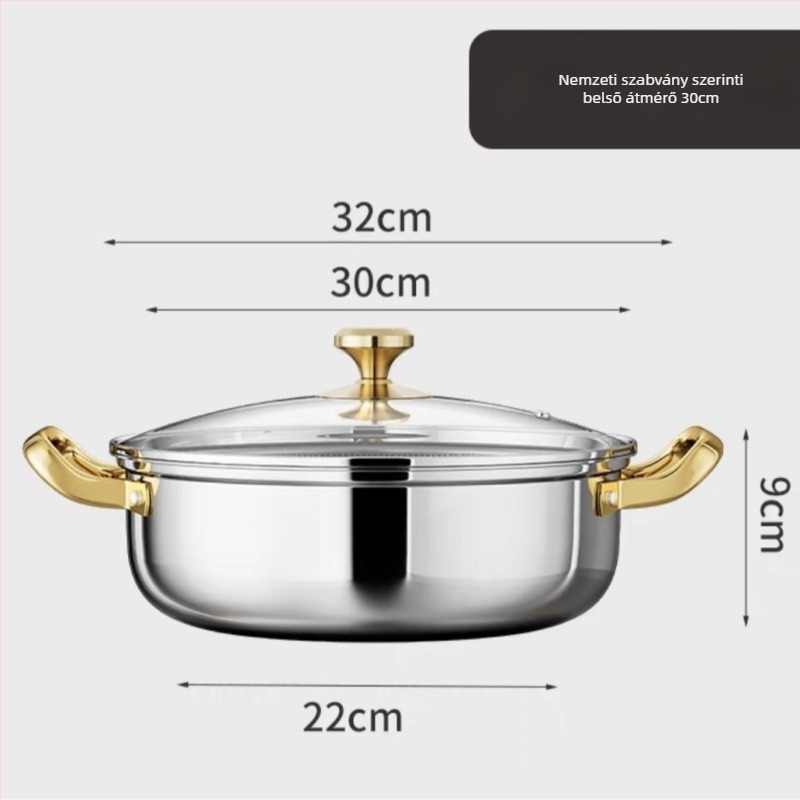 Nerészacél hot pot integrált, tapadásmentes aljú, üvegfedővel, Shu Bao 08 modell, kapacitás 4.1–6 L / 2.1–4 L, indukciós tűzhely-kompatibilis