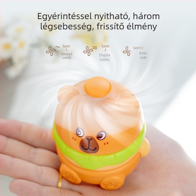USB töltésű nyakventilátor, beépített akkumulátor 100-300 mAh, 2 lapát, capybara dizájn, zaj 70 dB vagy több, 3.7V 5W (USB töltés, akku 100-300 mAh, 3.7V, 5W, 2 lapát)