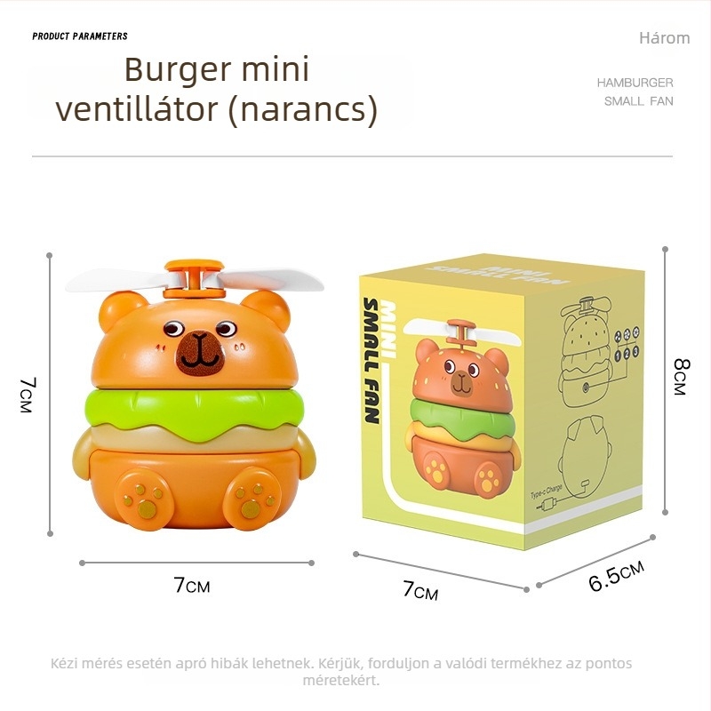 USB töltésű nyakventilátor, beépített akkumulátor 100-300 mAh, 2 lapát, capybara dizájn, zaj 70 dB vagy több, 3.7V 5W (USB töltés, akku 100-300 mAh, 3.7V, 5W, 2 lapát)