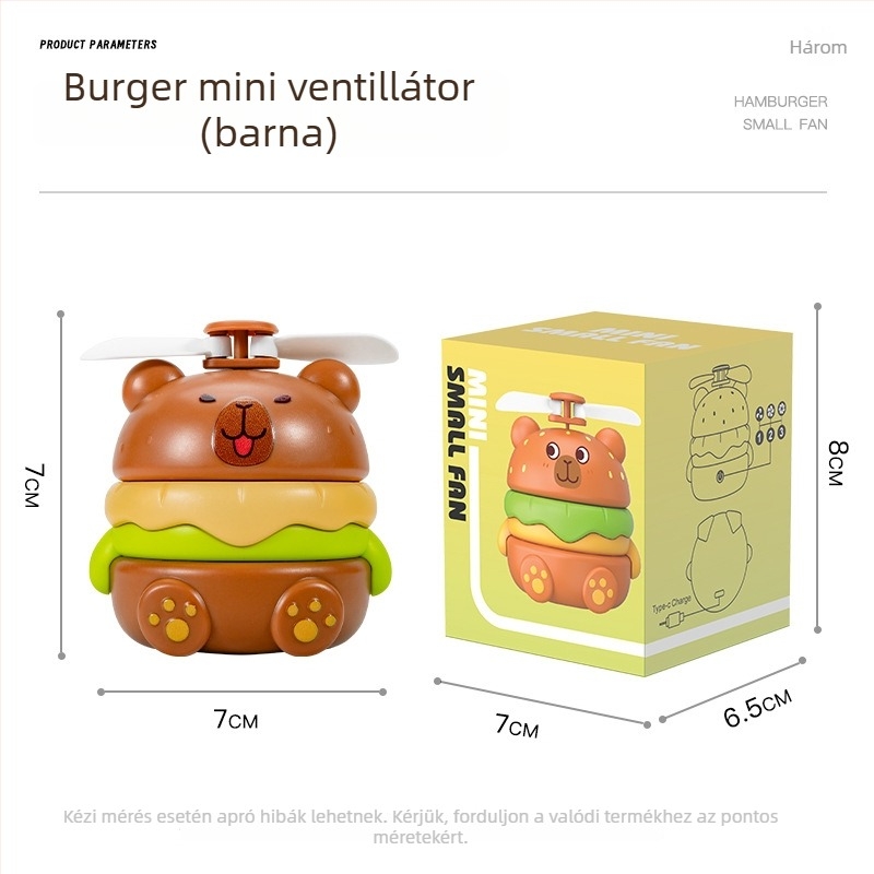 USB töltésű nyakventilátor, beépített akkumulátor 100-300 mAh, 2 lapát, capybara dizájn, zaj 70 dB vagy több, 3.7V 5W (USB töltés, akku 100-300 mAh, 3.7V, 5W, 2 lapát)