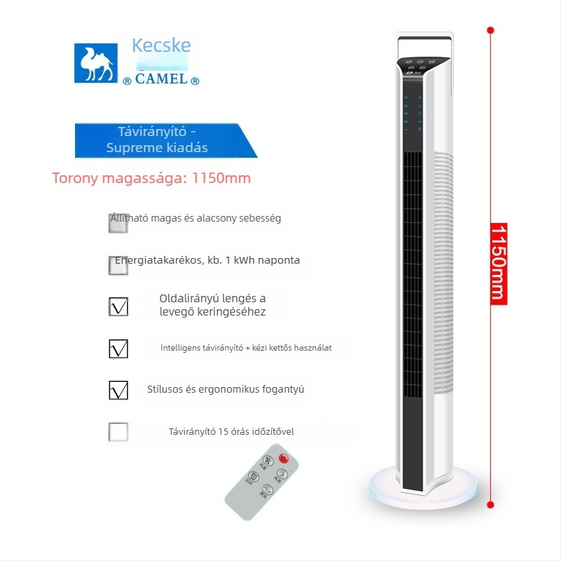 Szárny nélküli toronyventilátor - háztartási használatra, oldalirányú oszcilláció, 3 sebesség, 2–8 órás időzítő, távirányító, modell 2105