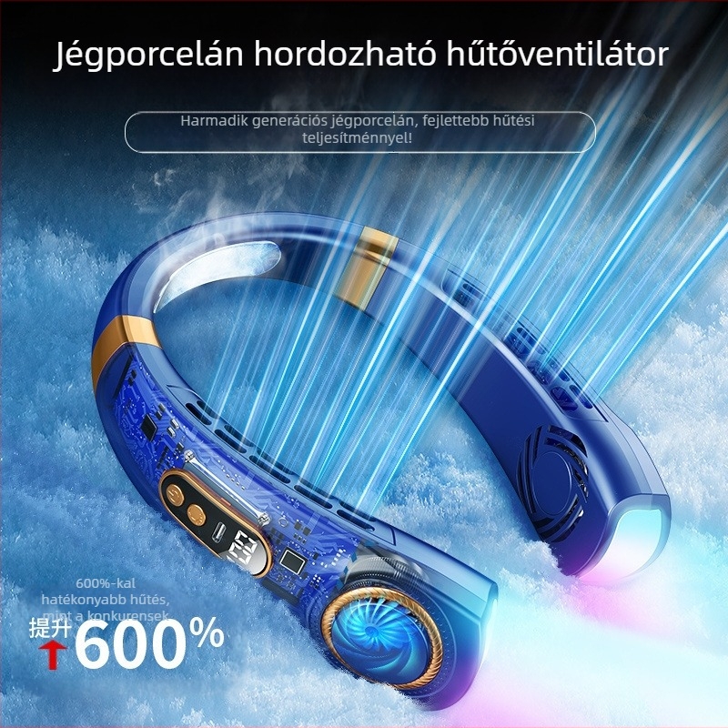 Lapát nélküli nyakventilátor, beépített 1200–2000mAh akkumulátor, USB töltés, 4 sebességfokozat, brushless motor