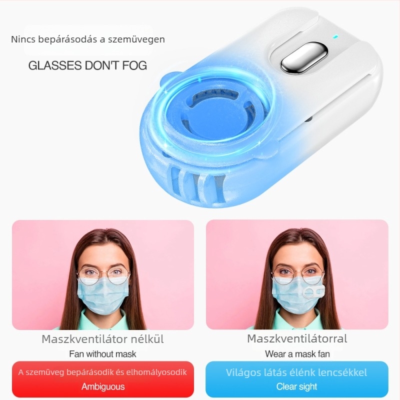 Maszkhoz rögzíthető USB ventilátor szűrővel, lapátok nélkül, beépített 300–500 mAh akkumulátor, 3 sebesség, zaj 36 dB alatt