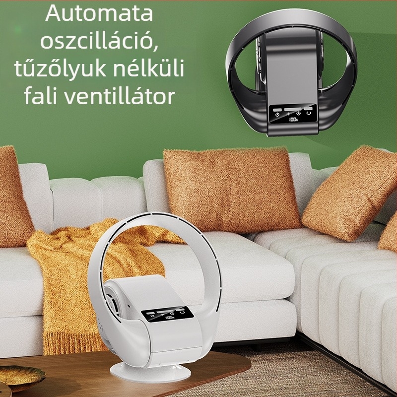 Fali- és asztali lapát nélküli ventilátor USB töltéssel, beépített 2000–4000 mAh akkumulátorral, 5 sebesség, brushless motor, halk működés 36 dB alatt