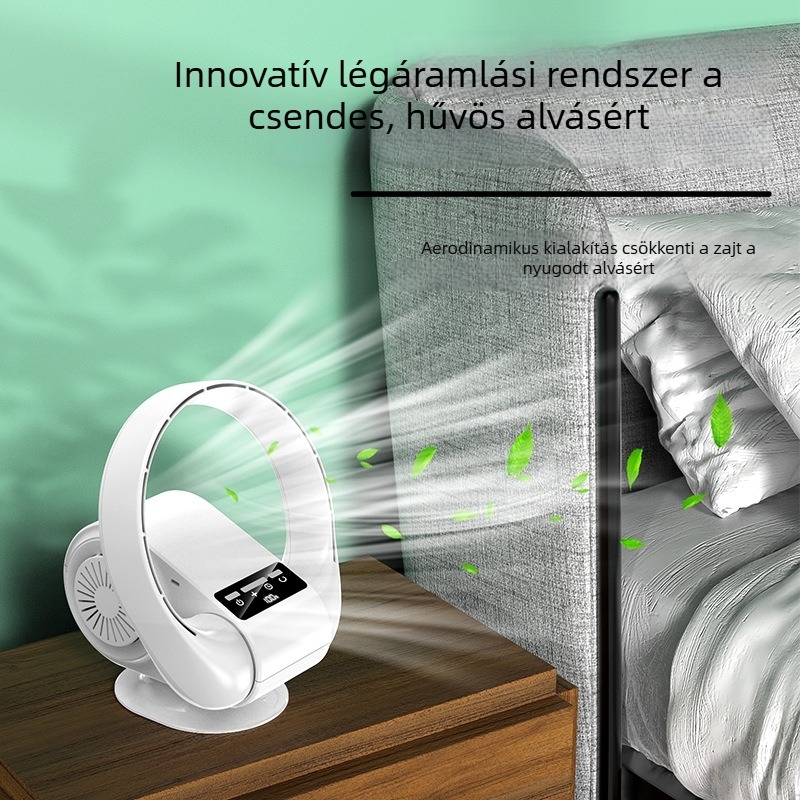 Fali- és asztali lapát nélküli ventilátor USB töltéssel, beépített 2000–4000 mAh akkumulátorral, 5 sebesség, brushless motor, halk működés 36 dB alatt