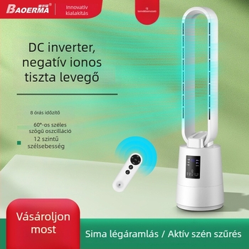 BORMA lapát nélküli padlóventilátor DC-vel, 220V, 12 sebességfokozat, távirányító, 2–8 órás időzítő, aktív szén szűrés