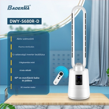 BORMA lapát nélküli padlóventilátor DC-vel, 220V, 12 sebességfokozat, távirányító, 2–8 órás időzítő, aktív szén szűrés