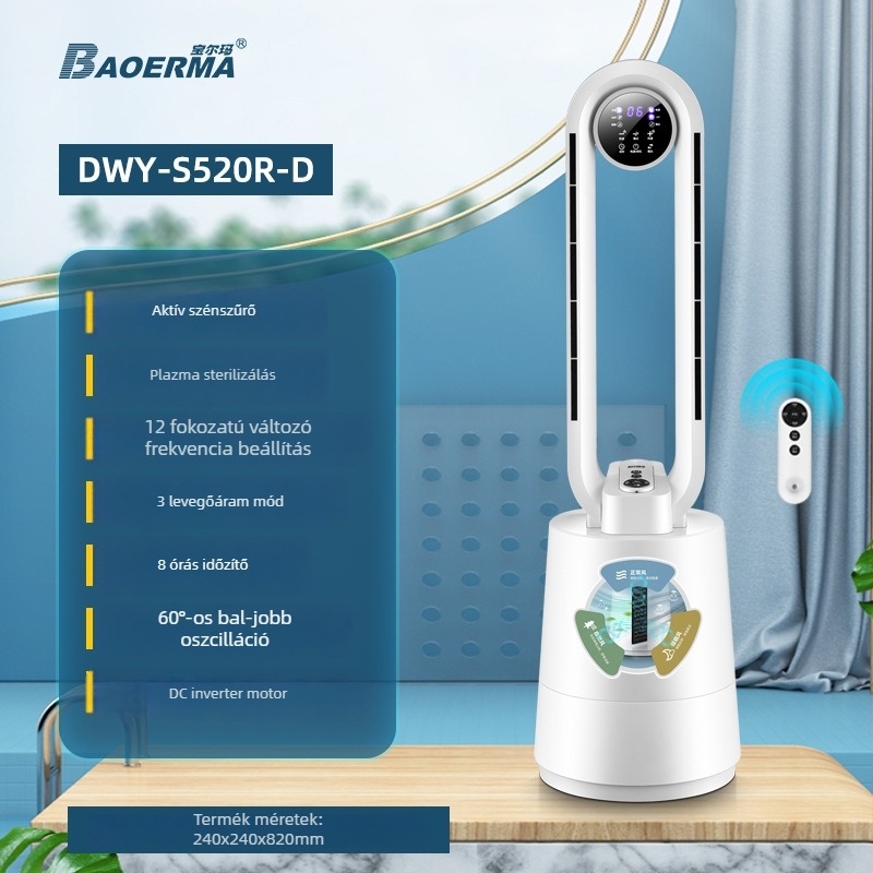 BORMA lapát nélküli padlóventilátor DC-vel, 220V, 12 sebességfokozat, távirányító, 2–8 órás időzítő, aktív szén szűrés