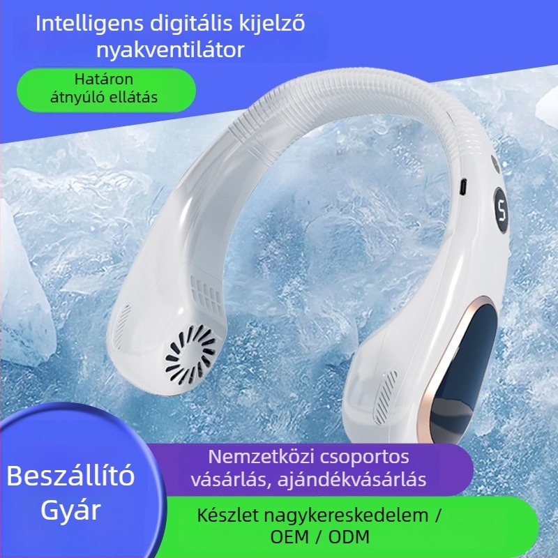 Nyakban hordható ventilátor – beépített 2000–4000mAh akkumulátor, USB újratöltés, lapát nélküli turbina, 5 sebesség, üzemidő 6–8 óra