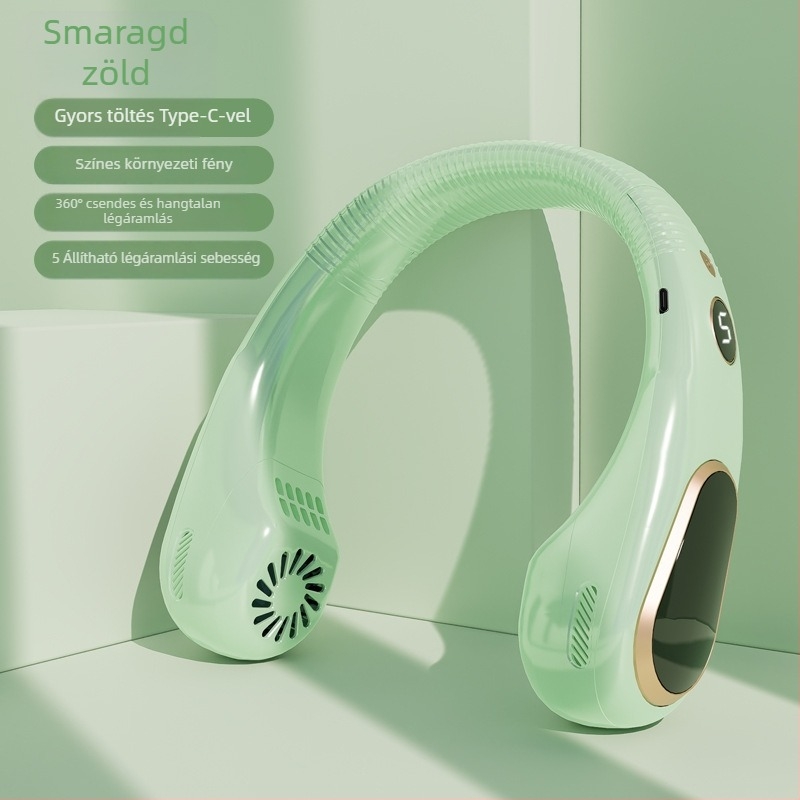 Nyakban hordható ventilátor – beépített 2000–4000mAh akkumulátor, USB újratöltés, lapát nélküli turbina, 5 sebesség, üzemidő 6–8 óra