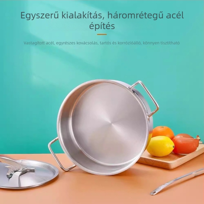 Rozsdamentes acélból készült forró fazék, sík alj, 6,1–10 L, dupla fogantyú, tapadásmentes bevonat