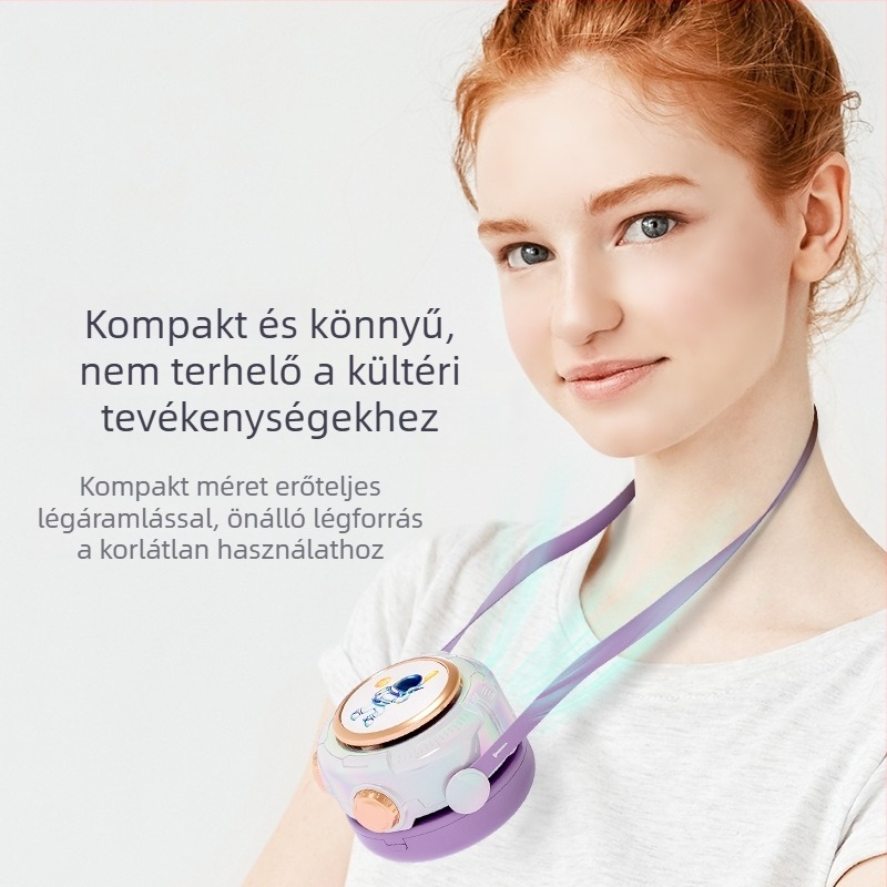 Lapát nélküli nyakventilátor, USB-ről tölthető, 3 sebesség, zaj 36 dB alatt, beépített akkumulátor 300–500 mAh
