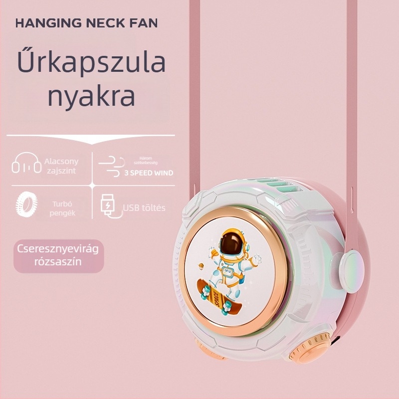 Lapát nélküli nyakventilátor, USB-ről tölthető, 3 sebesség, zaj 36 dB alatt, beépített akkumulátor 300–500 mAh