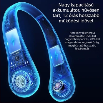 Nyakba akasztható lapát nélküli ventilátor USB töltéssel, 4 sebességfokozat, beépített 1200–2000 mAh akkumulátor, brushless motor